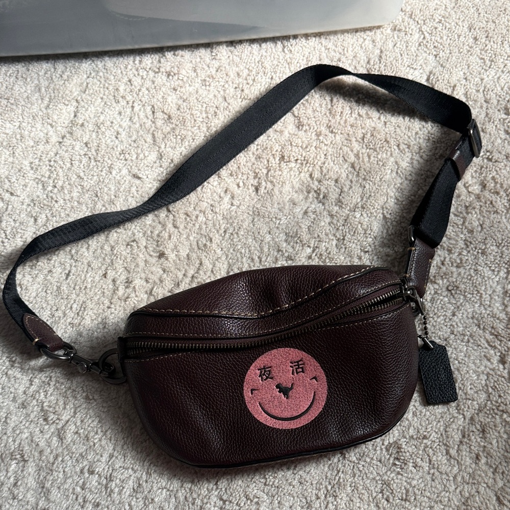 Coach x Yeti Out Limited Edition Brown Smiley Face Leather Crossbody Bag - Picture 2 of 8